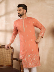 Ethnic Bay Men Peach Vartican Solid Embroidered Straight Kurta-MKU1935