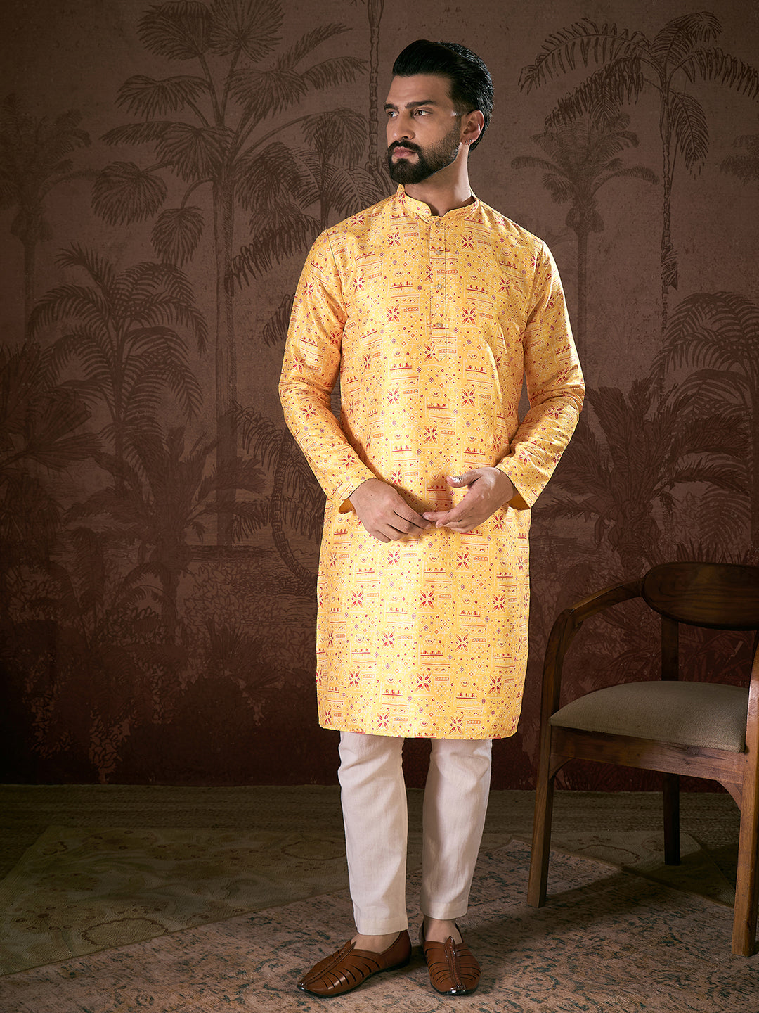Ethnic Bay Men Yellow Silk Blend Ethnic Motifs Printed Straight Kurta