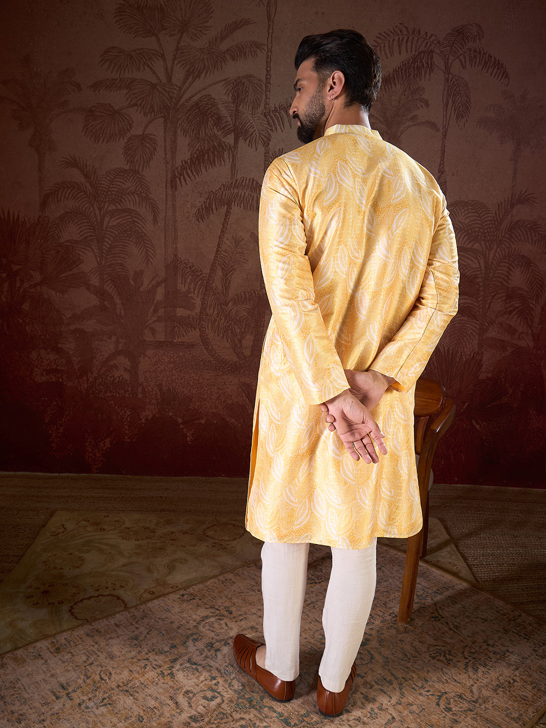 Ethnic Bay Men Yellow Silk Blend Floral Printed Straight Kurta