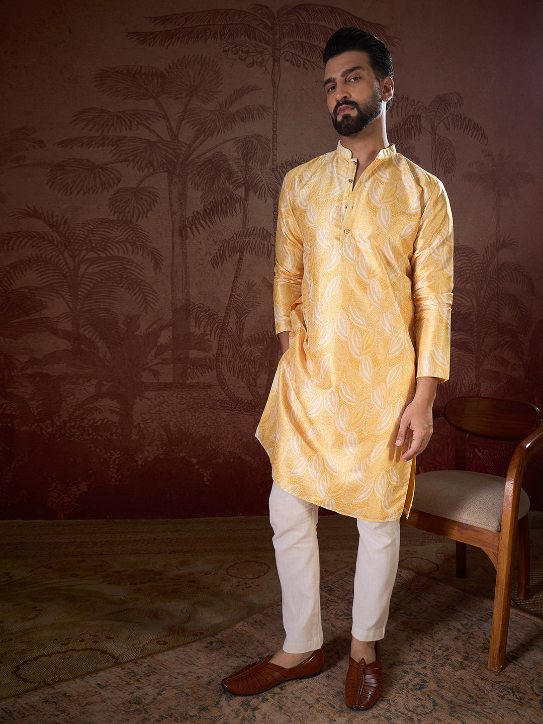 Ethnic Bay Men Yellow Silk Blend Floral Printed Straight Kurta