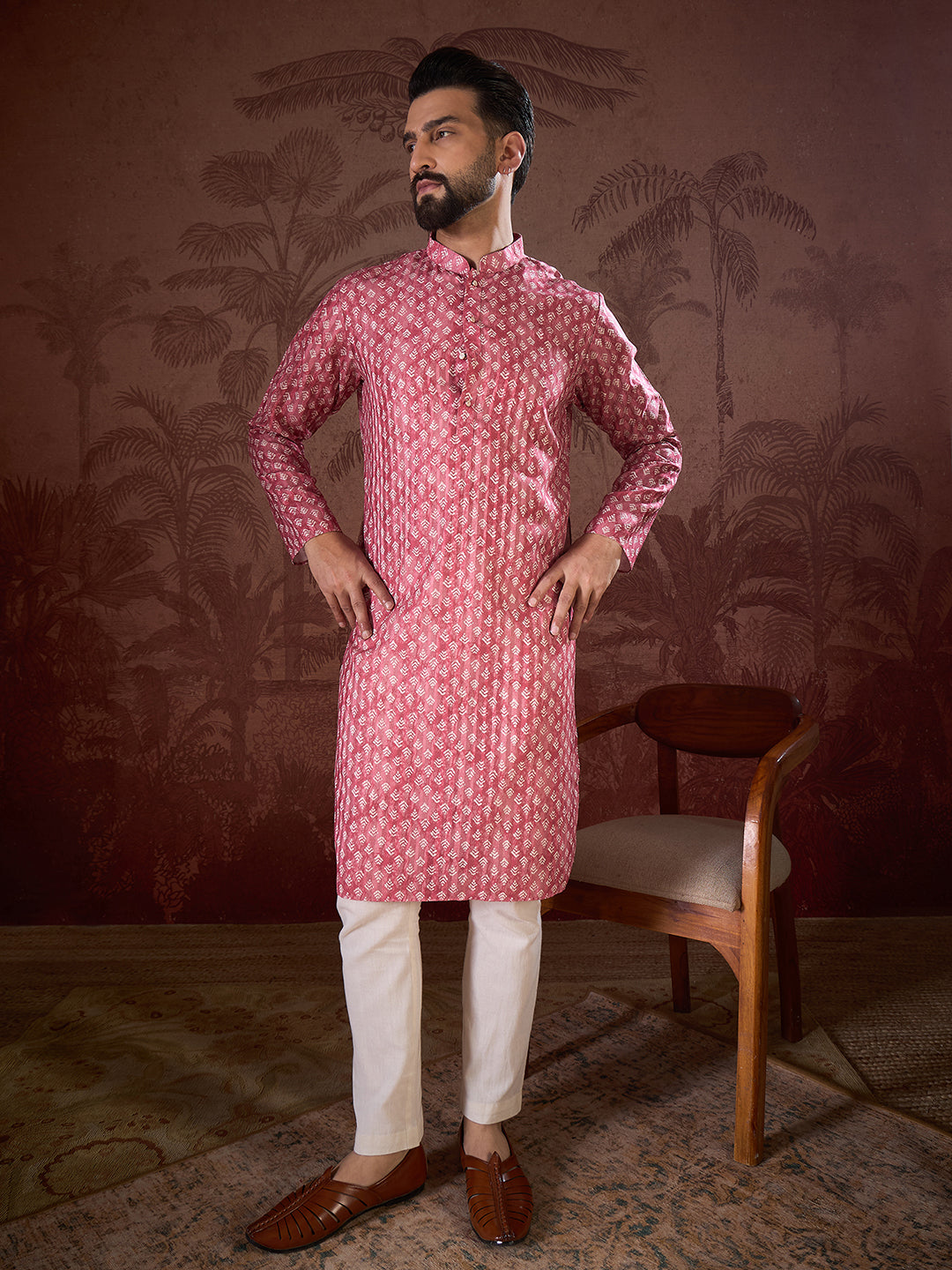Ethnic Bay Men Pink Silk Blend Ethnic Motifs Printed Straight Kurta