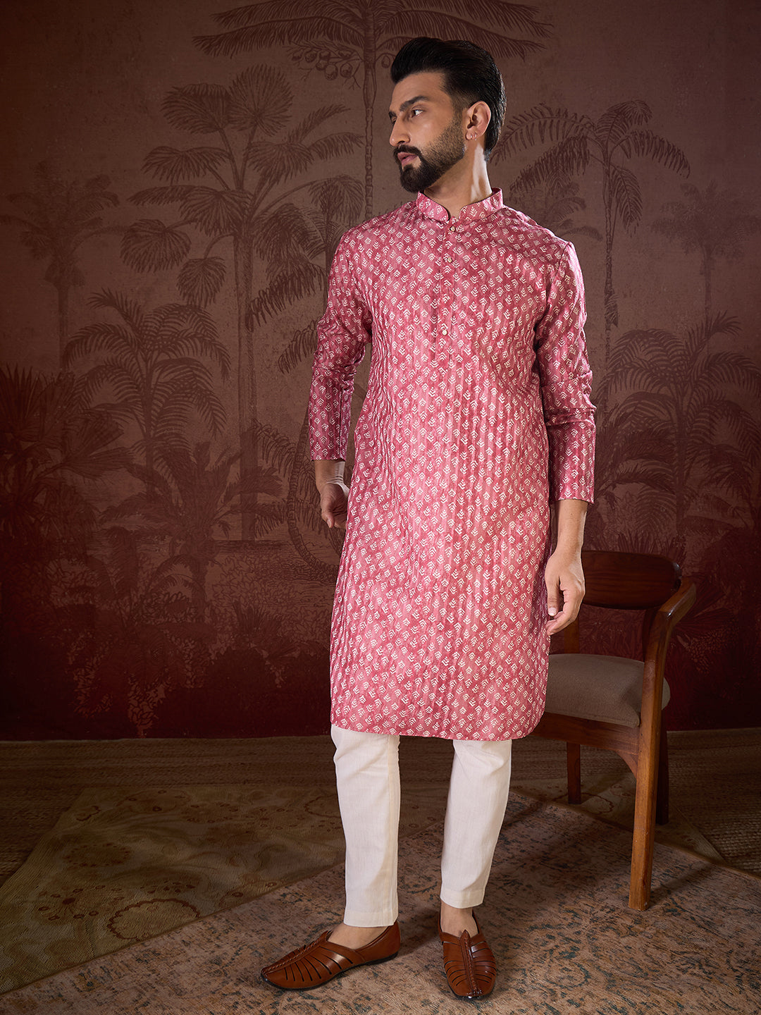 Ethnic Bay Men Pink Silk Blend Ethnic Motifs Printed Straight Kurta