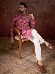 Ethnic Bay Men Magenta Silk Blend Chevron Printed Straight Kurta-MKU1940