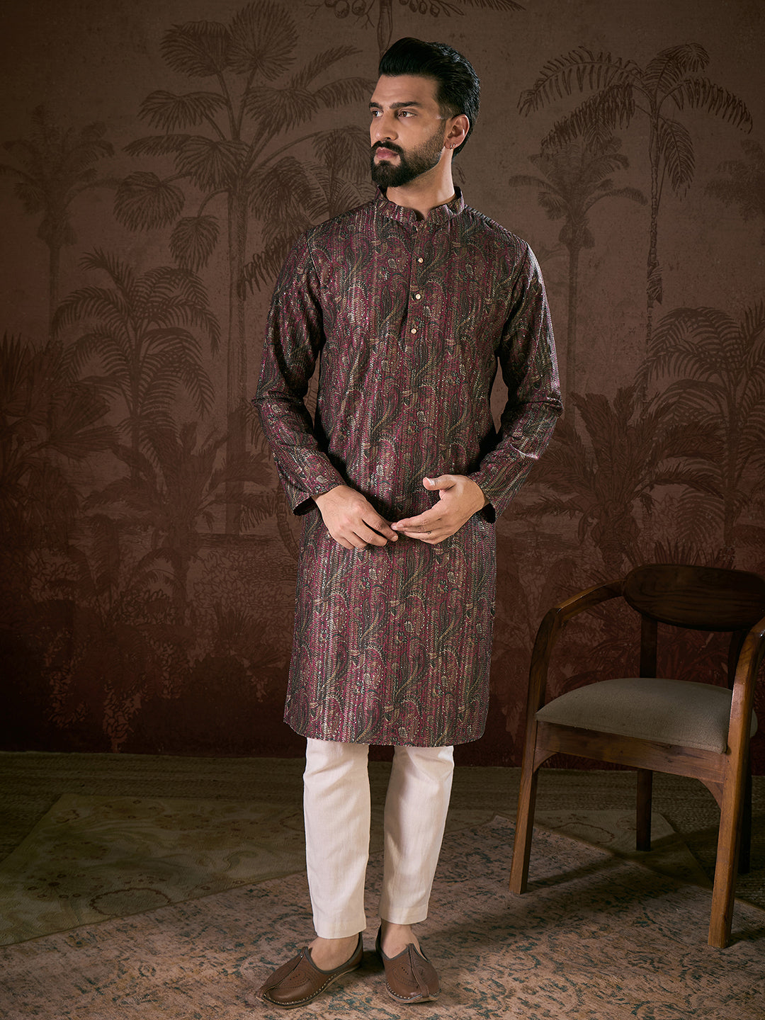 Ethnic Bay Men Purple Silk Blend Ethnic Motifs Printed Straight Kurta
