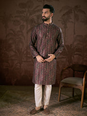 Ethnic Bay Men Purple Silk Blend Ethnic Motifs Printed Straight Kurta-MKU1941