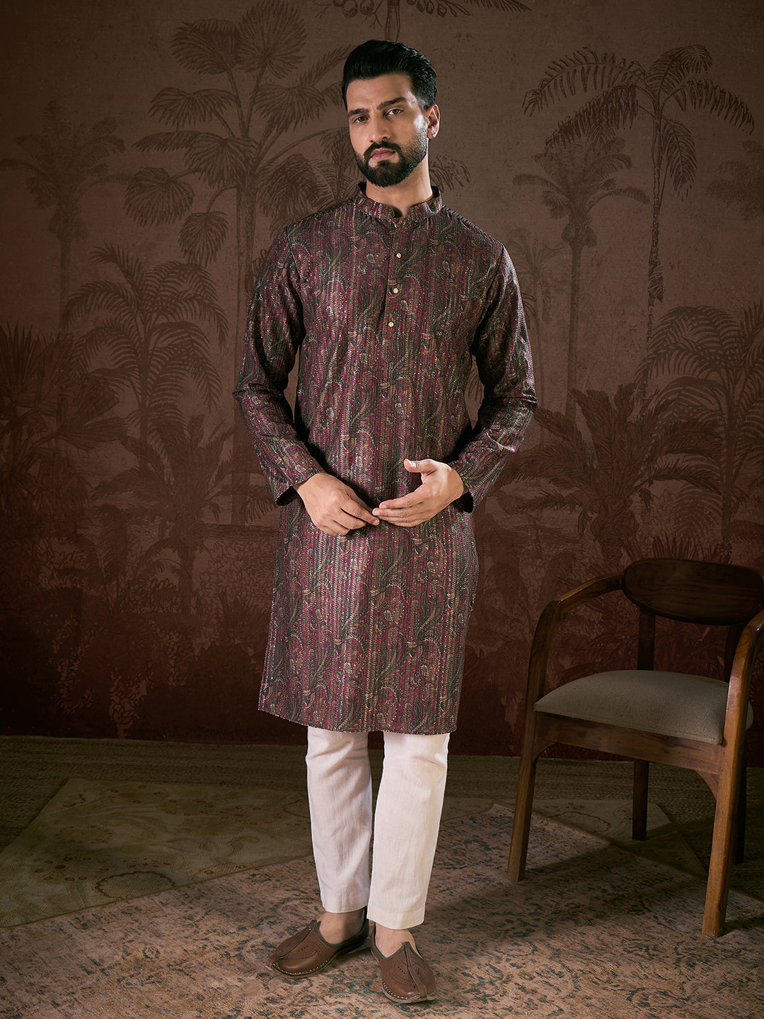 Ethnic Bay Men Purple Silk Blend Ethnic Motifs Printed Straight Kurta