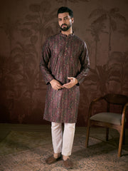 Ethnic Bay Men Purple Silk Blend Ethnic Motifs Printed Straight Kurta-MKU1941