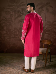 Ethnic Bay Men Pink Silk Blend Solid Embroidered Straight Kurta-MKU1943