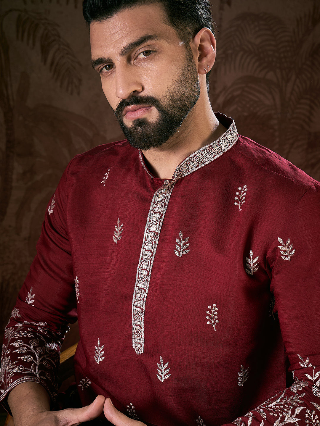 Ethnic Bay Men Maroon Silk Blend Solid Embroidered Straight Kurta-MKU1945