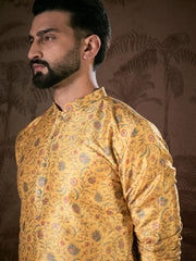 Ethnic Bay Men Yellow Silk Blend Floral Printed Straight Kurta-MKU1946
