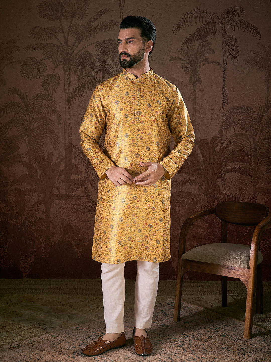 Ethnic Bay Men Yellow Silk Blend Floral Printed Straight Kurta