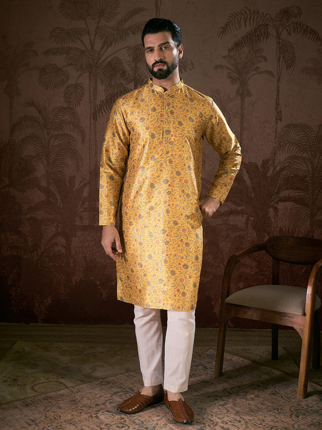 Ethnic Bay Men Yellow Silk Blend Floral Printed Straight Kurta
