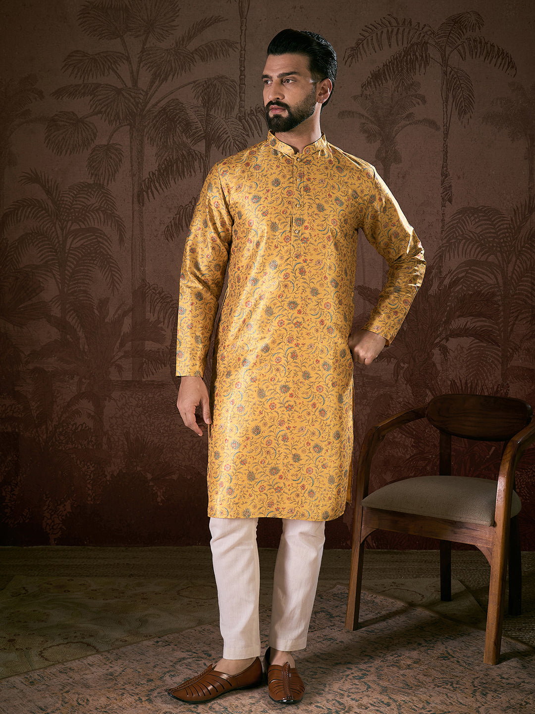 Ethnic Bay Men Yellow Silk Blend Floral Printed Straight Kurta