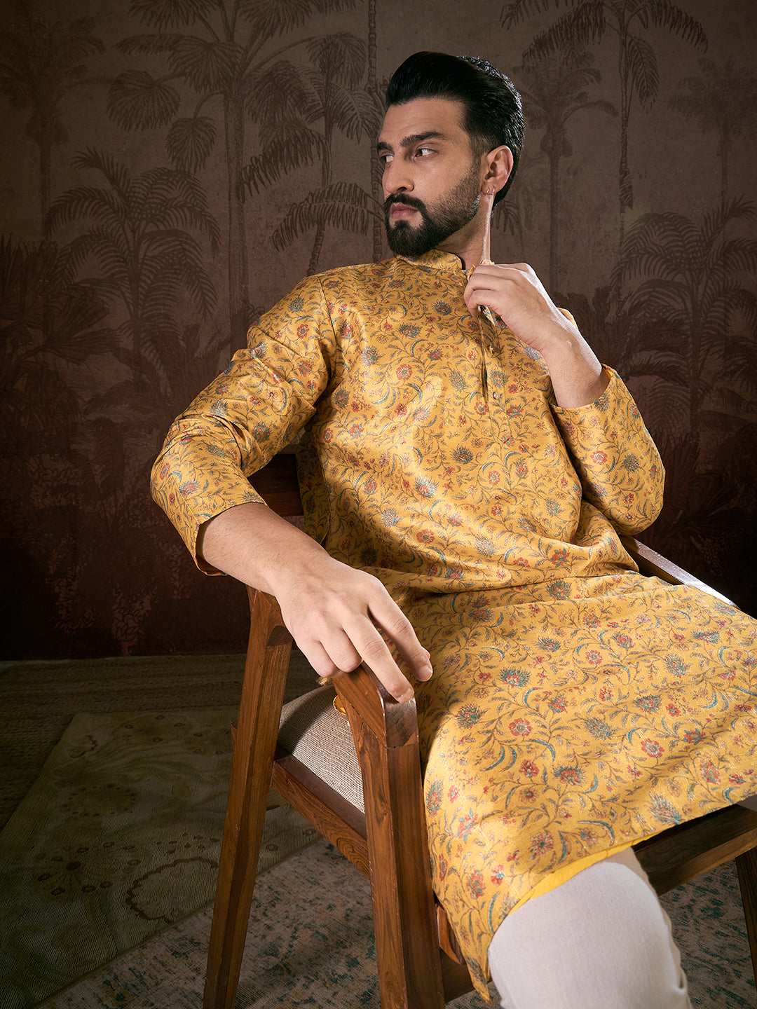 Ethnic Bay Men Yellow Silk Blend Floral Printed Straight Kurta
