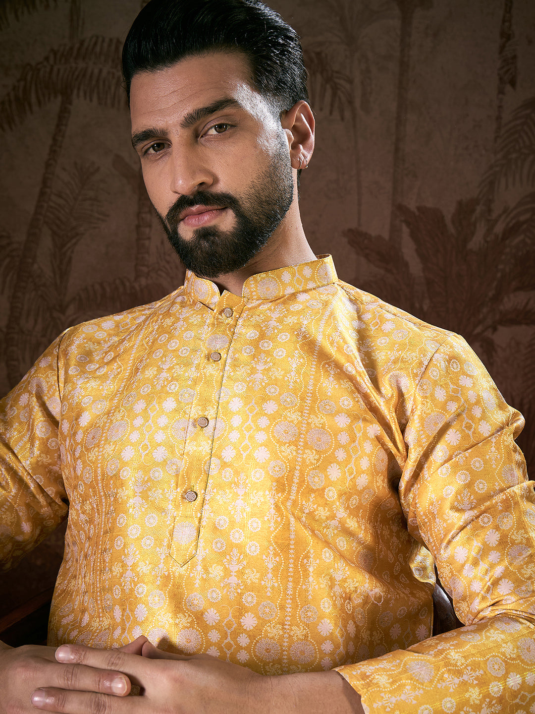 Ethnic Bay Men Yellow Silk Blend Floral Printed Straight Kurta