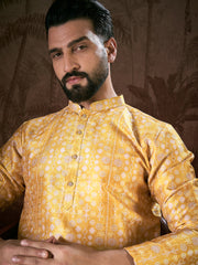 Ethnic Bay Men Yellow Silk Blend Floral Printed Straight Kurta-MKU1948