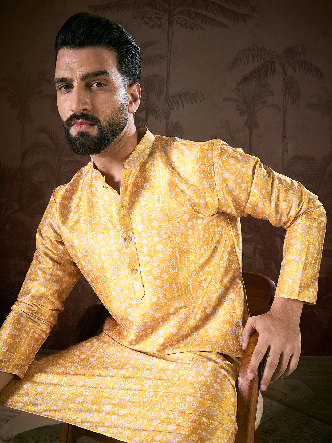 Ethnic Bay Men Yellow Silk Blend Floral Printed Straight Kurta
