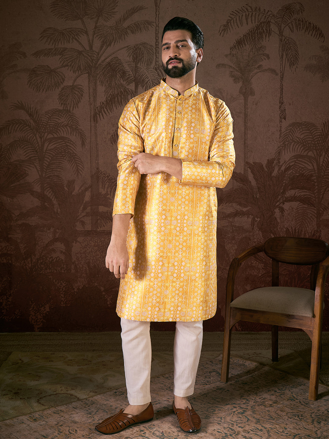 Ethnic Bay Men Yellow Silk Blend Floral Printed Straight Kurta