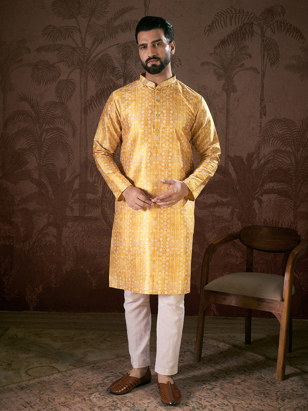 Ethnic Bay Men Yellow Silk Blend Floral Printed Straight Kurta