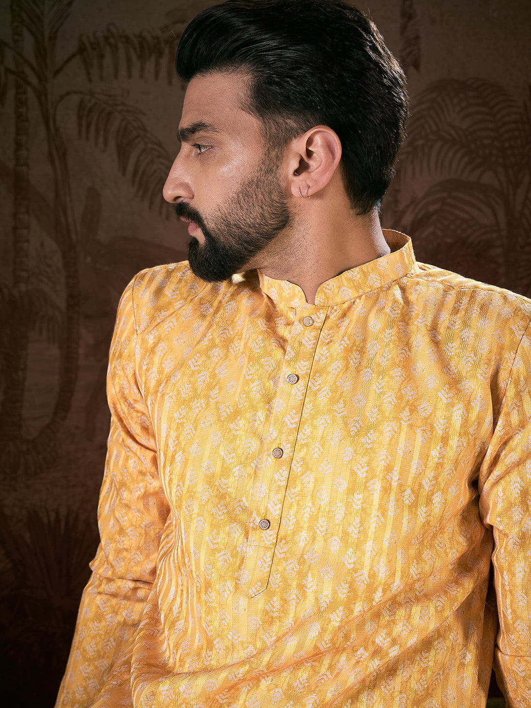Ethnic Bay Men Yellow Silk Blend Ethnic Motifs Printed Straight Kurta