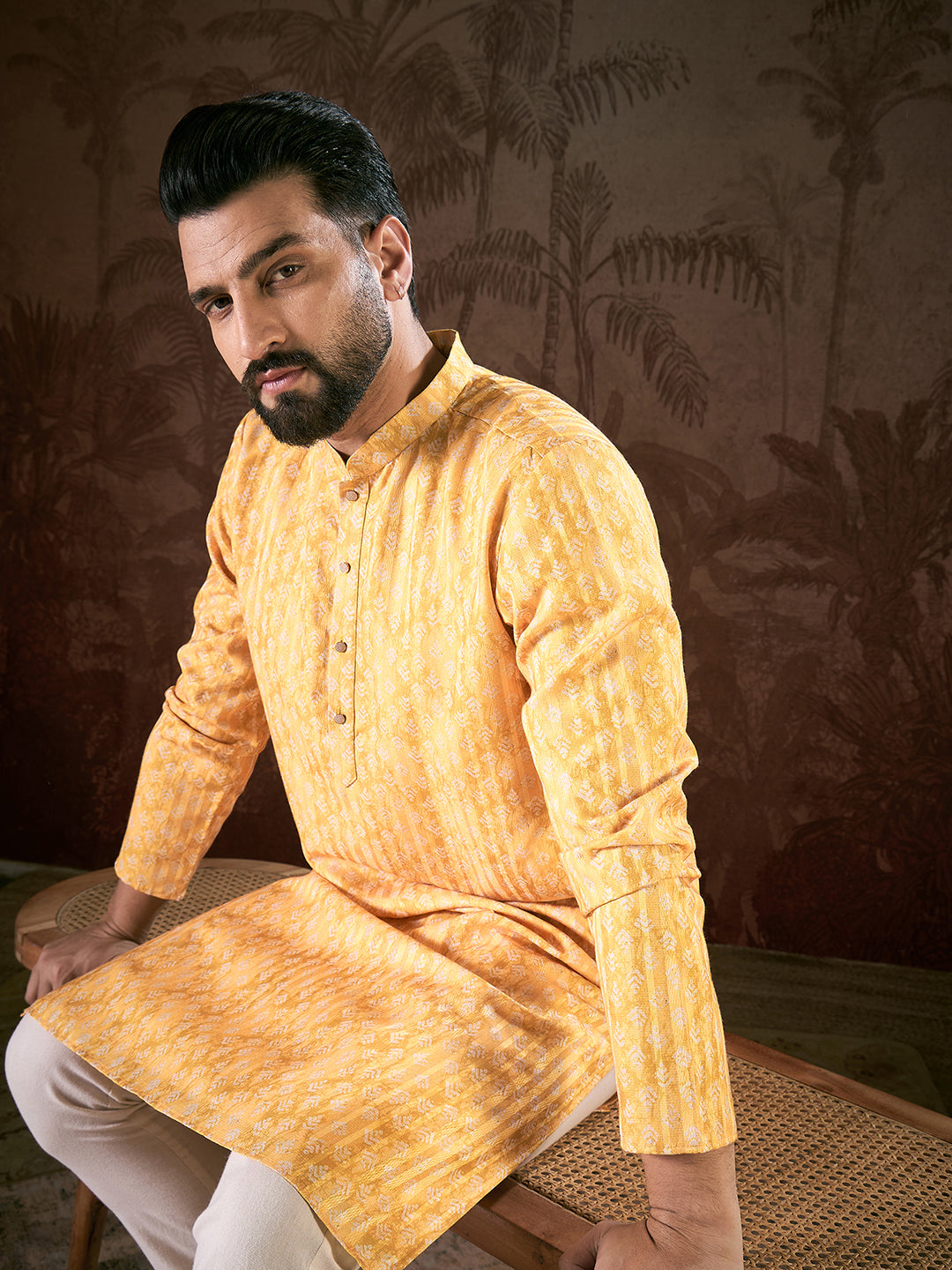 Ethnic Bay Men Yellow Silk Blend Ethnic Motifs Printed Straight Kurta