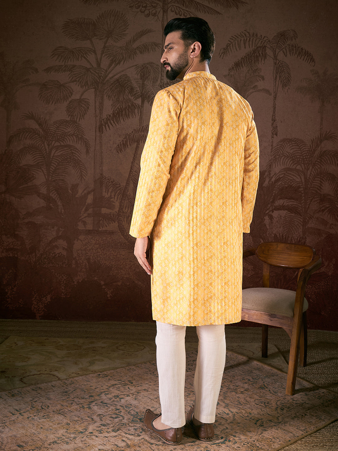 Ethnic Bay Men Yellow Silk Blend Ethnic Motifs Printed Straight Kurta