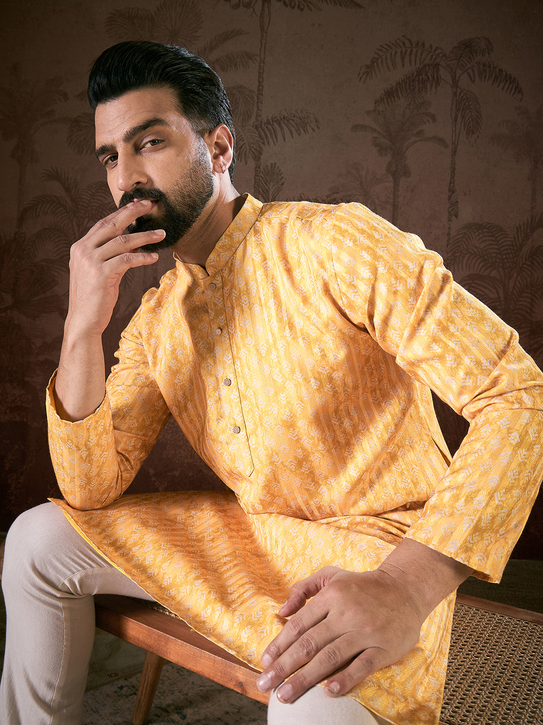 Ethnic Bay Men Yellow Silk Blend Ethnic Motifs Printed Straight Kurta