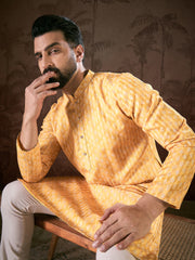 Ethnic Bay Men Yellow Silk Blend Ethnic Motifs Printed Straight Kurta-MKU1949