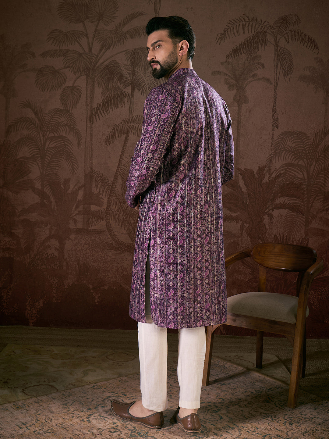 Ethnic Bay Men Purple Silk Blend Ethnic Motifs Printed Straight Kurta