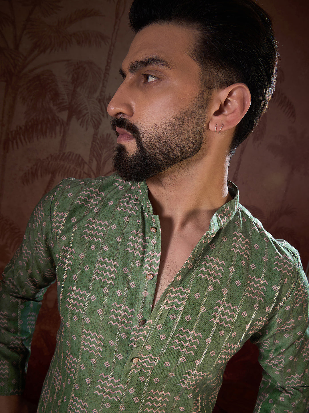 Ethnic Bay Men Green Silk Blend Ethnic Motifs Printed Straight Kurta-MKU1951