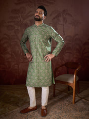 Ethnic Bay Men Green Silk Blend Ethnic Motifs Printed Straight Kurta-MKU1951