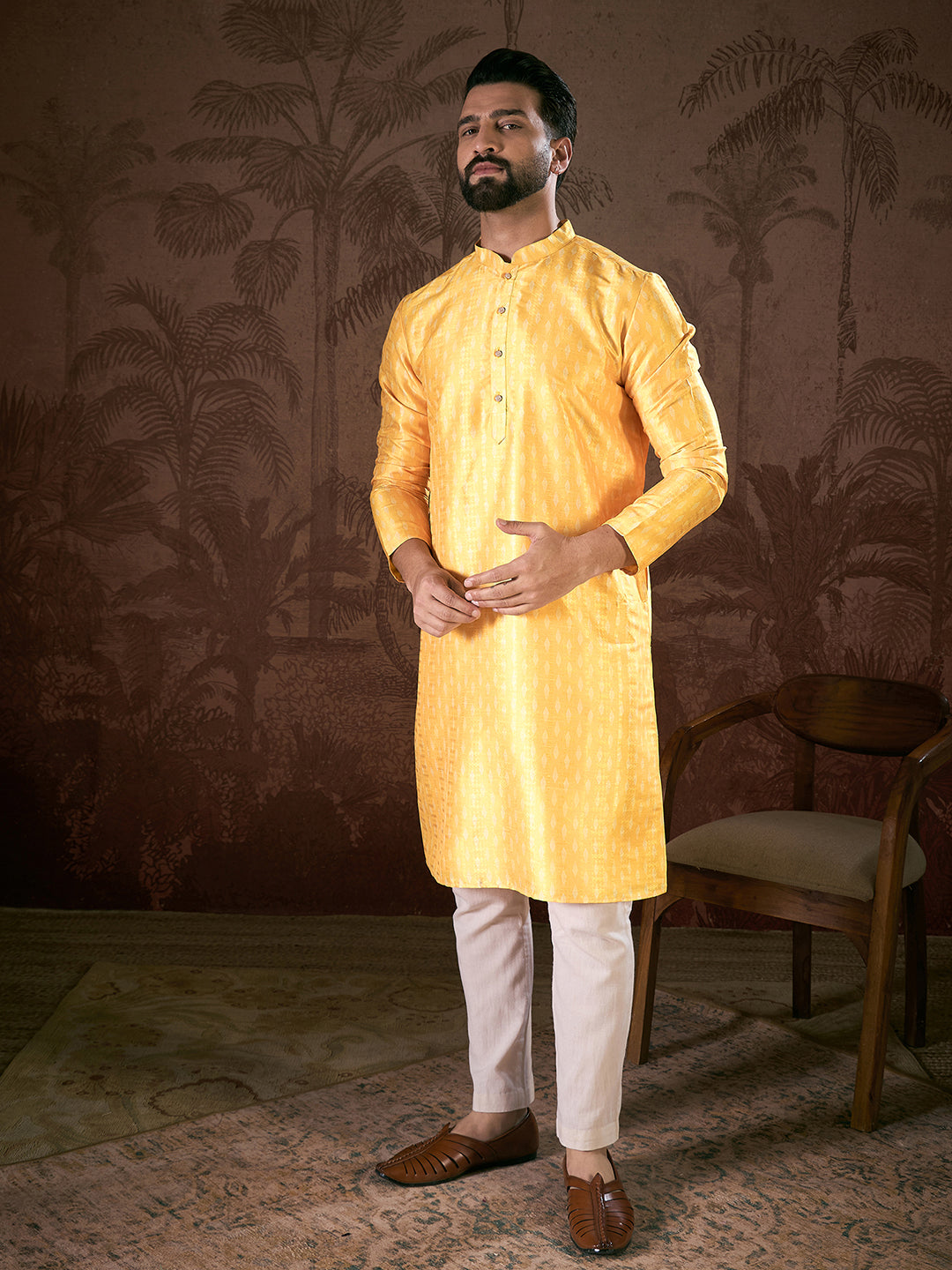 Ethnic Bay Men Yellow Silk Blend Ethnic Motifs Printed Straight Kurta