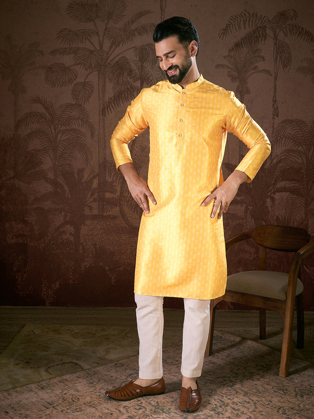 Ethnic Bay Men Yellow Silk Blend Ethnic Motifs Printed Straight Kurta