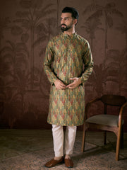 Ethnic Bay Men Green Silk Blend Floral Printed Straight Kurta-MKU1953
