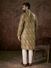 Ethnic Bay Men Green Silk Blend Floral Printed Straight Kurta-MKU1953