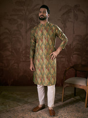 Ethnic Bay Men Green Silk Blend Floral Printed Straight Kurta-MKU1953