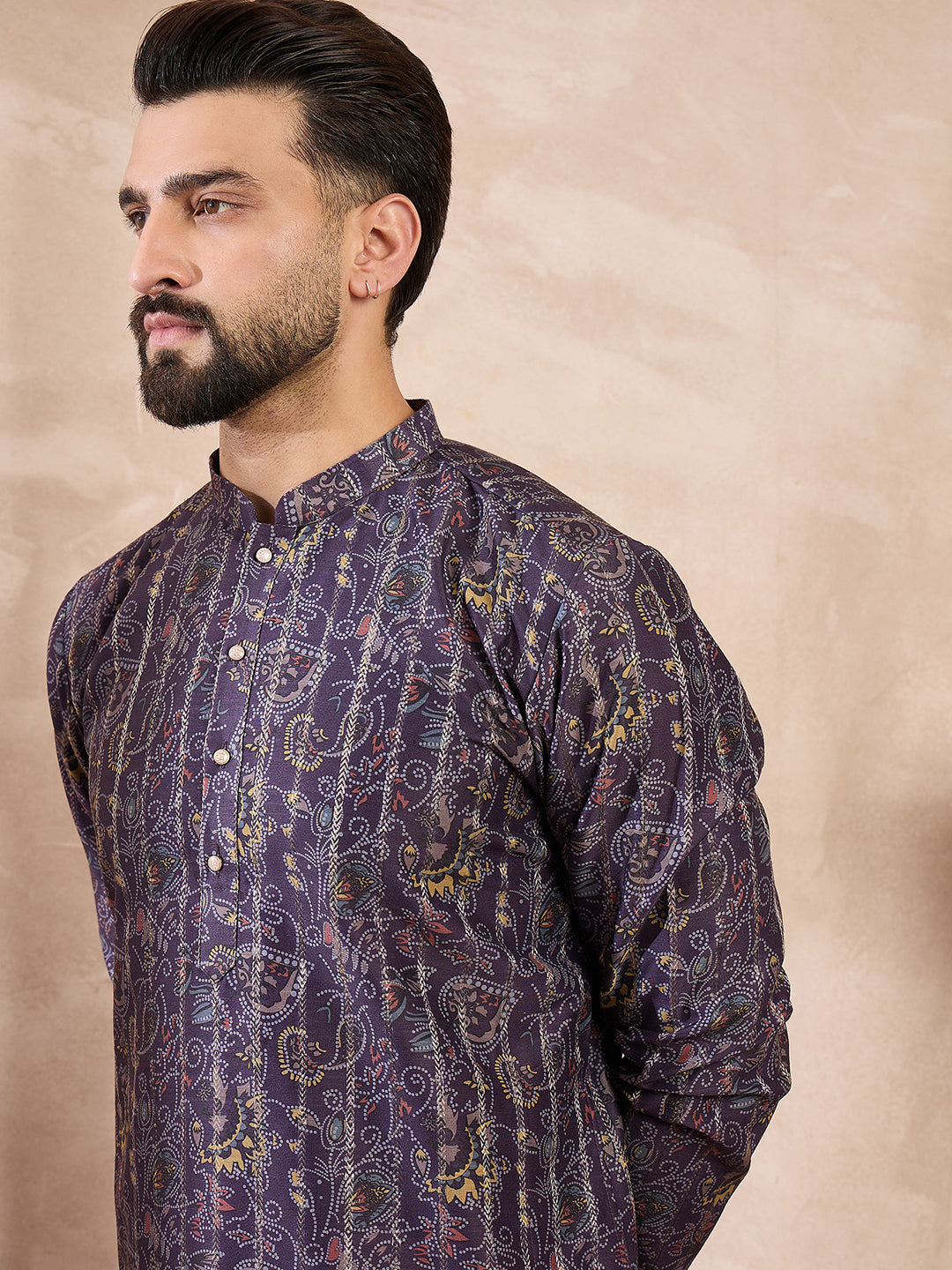 Ethnic Bay Men Violet Silk Blend Ethnic Motifs Printed Straight Kurta