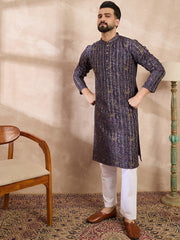 Ethnic Bay Men Violet Silk Blend Ethnic Motifs Printed Straight Kurta-MKU1954