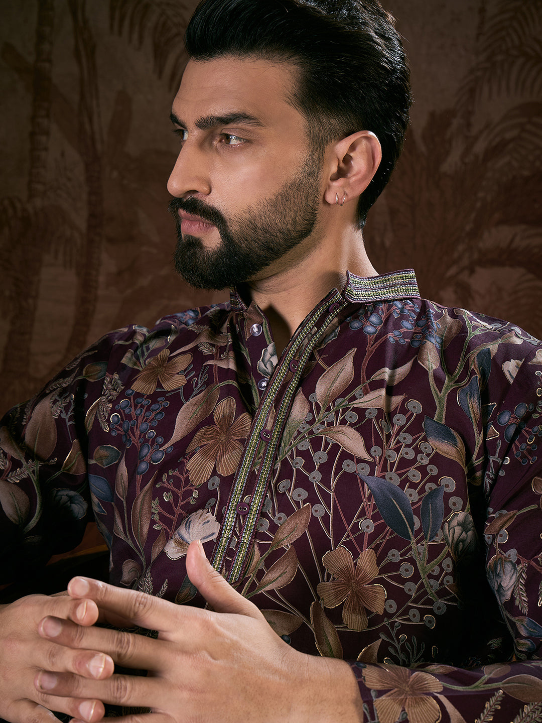 Ethnic Bay Men Purple Silk Blend Floral Printed Straight Kurta
