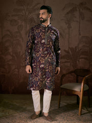 Ethnic Bay Men Purple Silk Blend Floral Printed Straight Kurta-MKU1957