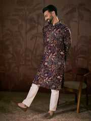 Ethnic Bay Men Purple Silk Blend Floral Printed Straight Kurta-MKU1957