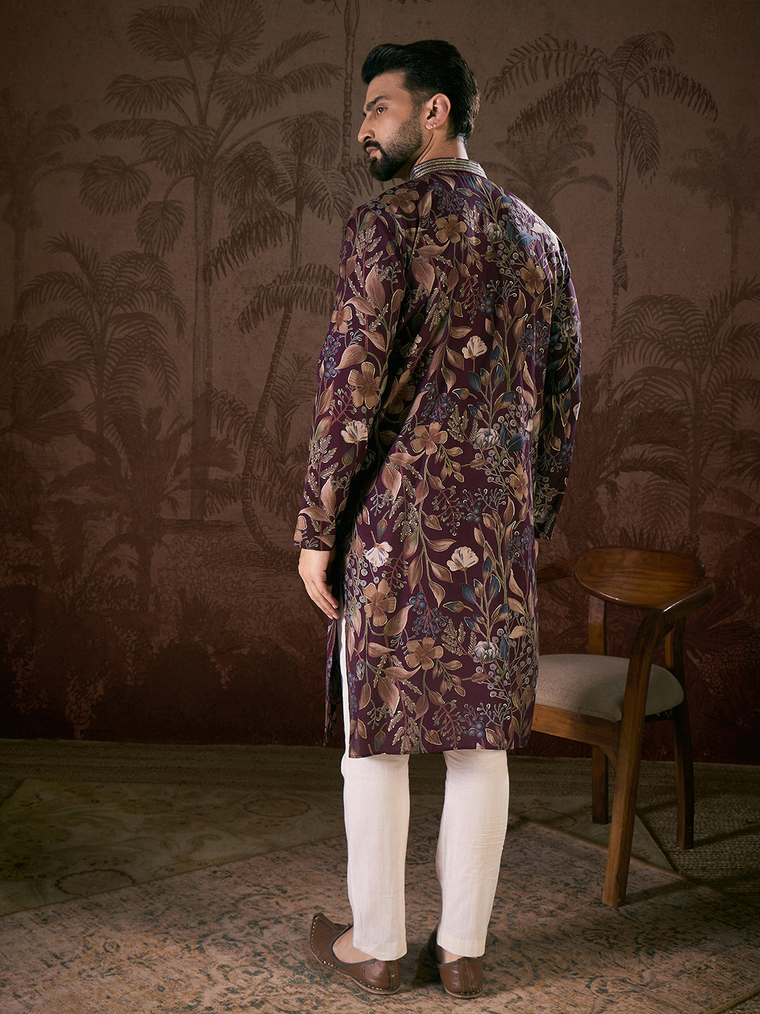 Ethnic Bay Men Purple Silk Blend Floral Printed Straight Kurta