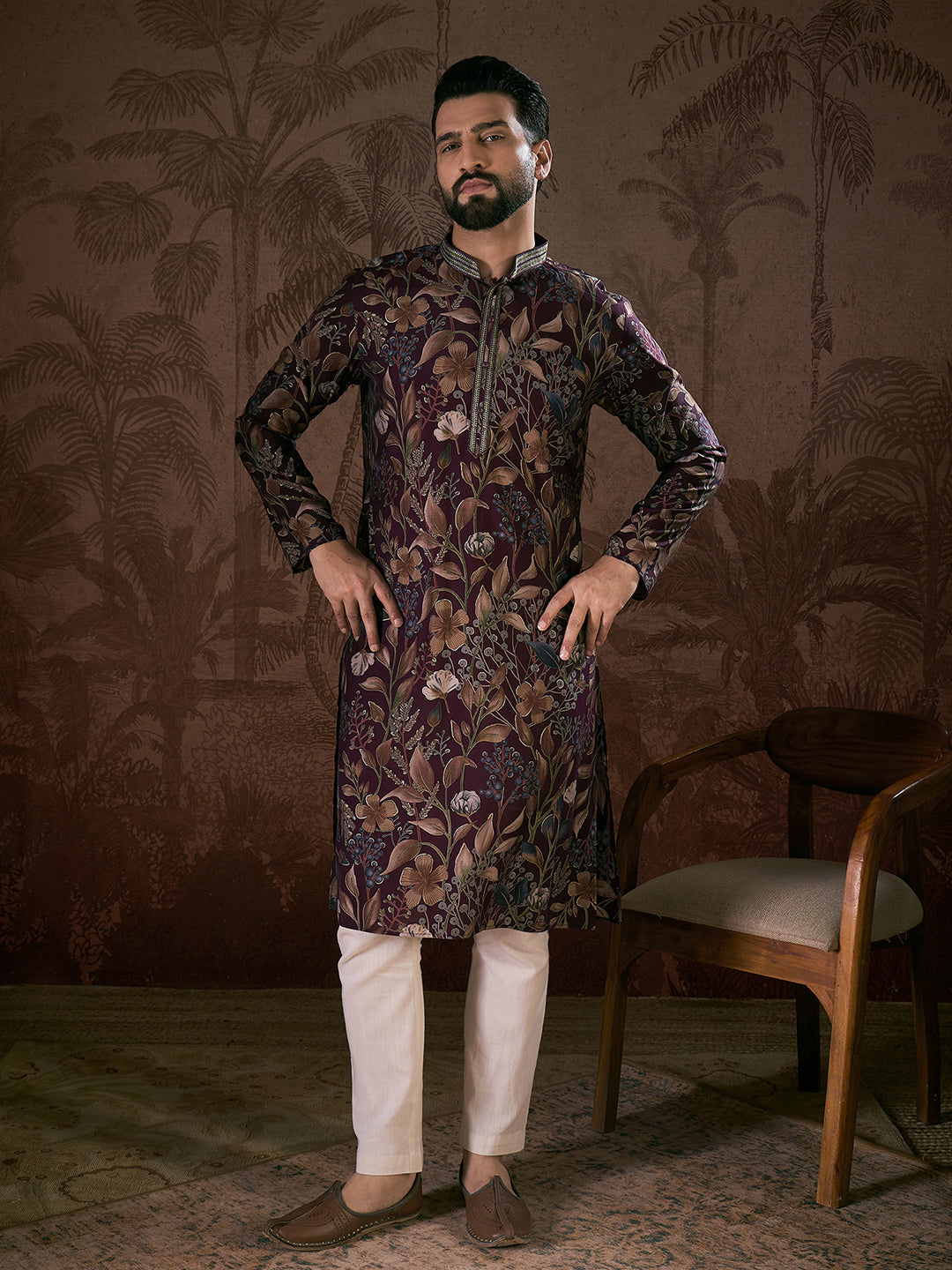 Ethnic Bay Men Purple Silk Blend Floral Printed Straight Kurta