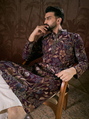 Ethnic Bay Men Purple Silk Blend Floral Printed Straight Kurta-MKU1957