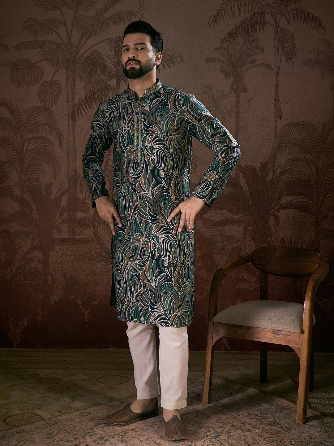 Ethnic Bay Men Navy Blue Silk Blend Abstract Printed Straight Kurta