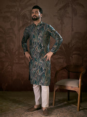 Ethnic Bay Men Navy Blue Silk Blend Abstract Printed Straight Kurta-MKU1958