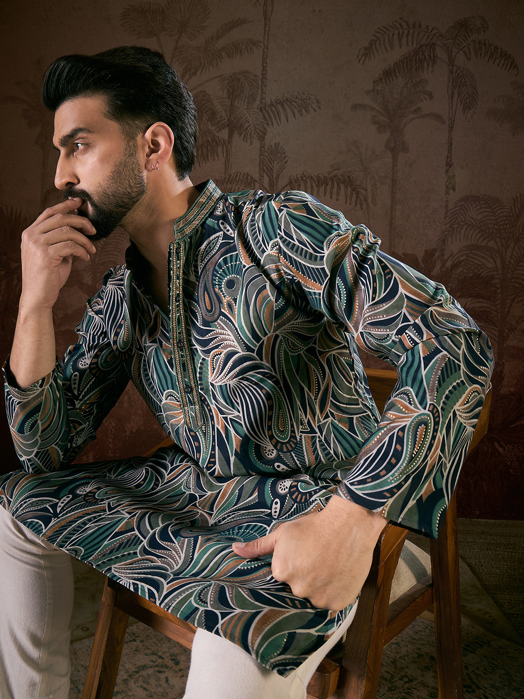 Ethnic Bay Men Navy Blue Silk Blend Abstract Printed Straight Kurta
