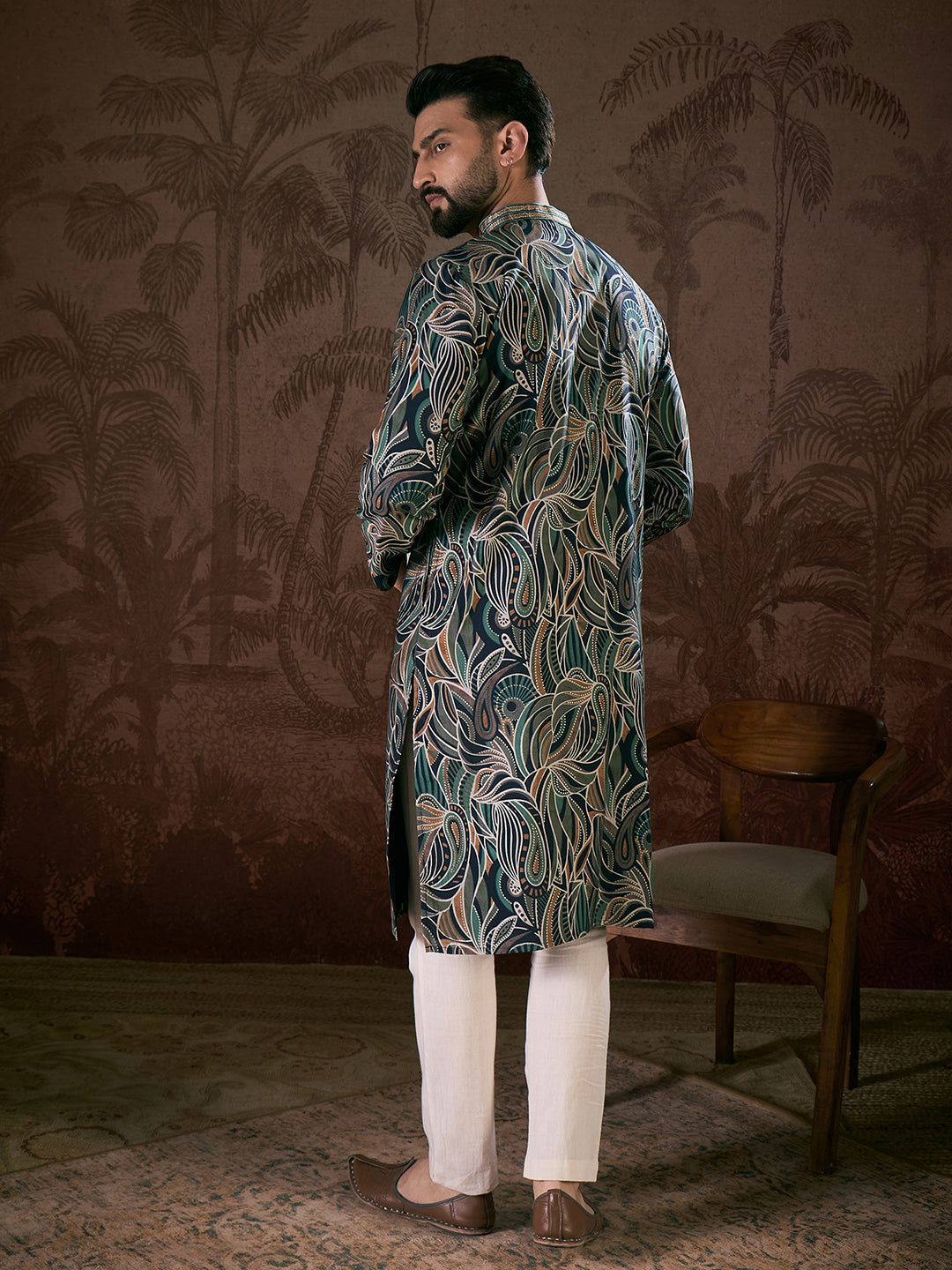 Ethnic Bay Men Navy Blue Silk Blend Abstract Printed Straight Kurta