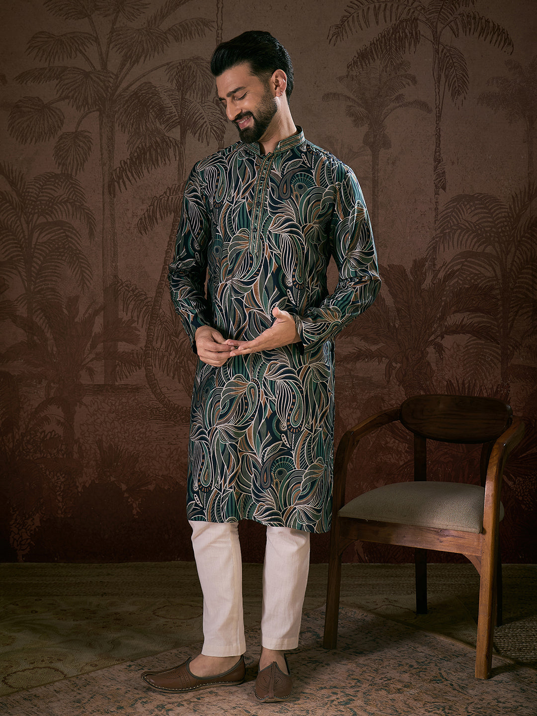 Ethnic Bay Men Navy Blue Silk Blend Abstract Printed Straight Kurta