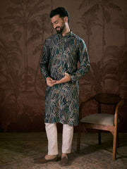 Ethnic Bay Men Navy Blue Silk Blend Abstract Printed Straight Kurta-MKU1958